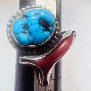 Neighborhood Ring 925 silver Turquoise  and red Coral size 6.5-7 1980c